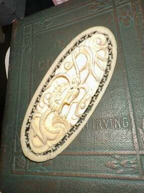 Vintage Japanese Hand Carved Bone Dragon Oval Brooch Pin